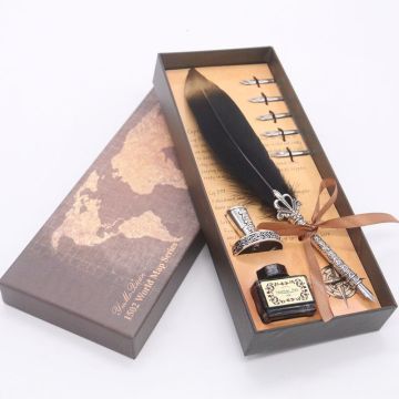 قلم نافورة المعادن القديمة مع صندوق الحبر ، قلم Nib &amp; Feather إضافي - اللوازم المدرسية المثالية للطلاب