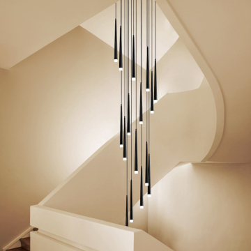 Modern Duplex Interior Design: Black Stair Chandelier for Living and Dining Rooms