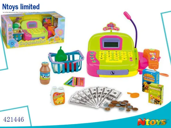 2014 HOT SELLING PLASTIC KIDS CASHIER DESK W/CALCULATOR,MUSIC,LIGHT,MICROPHONE)NOT INCLUDE BATTERY, 6442900