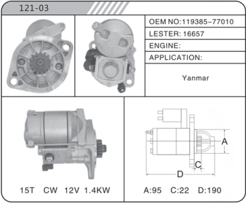 Yanmar starter motor 119385-77010 16657 15T 12V for yanmar starter motor