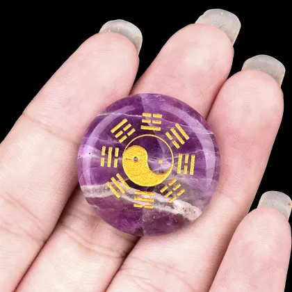 Amethyst 25MM Circular Disc Mat Handmade Craved Pattern-Taiji Bagua For Home Decor