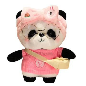 Lindo animal de peluche de panda rosa con gafas