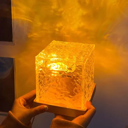 3D Rotating Crystal Aurora Lamp with Blue Dynamic Water Ripple Cube Night Light