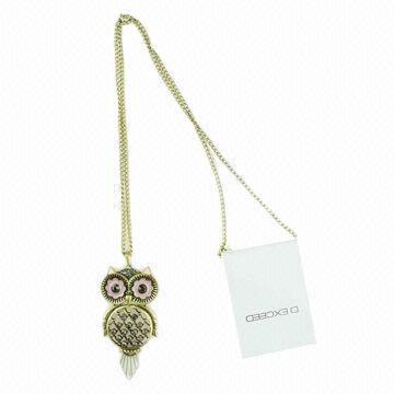 Burnished Gold Owl-shaped Pendant, Long Chain, Lilac Eyes and White Tail