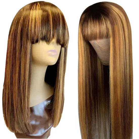 Wholesale 150% 180% 200%Density Ombre Brown Highlight Machine Made No Lace Front Human Hair Wig With Bangs Wigs For Black Women