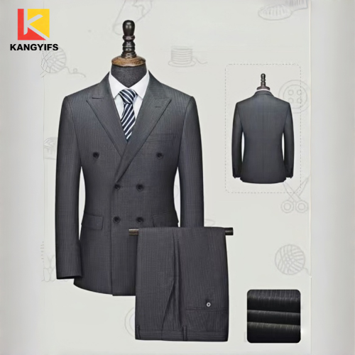 طقم بدلة عمل مزدوجة الصدر ذات مربعات باللون الرمادي الداكن