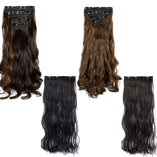wholesale Clip in Hair Extensions brown Black Synthetic Hairpiece 20 Inch Long Wavy Curly Head Silky Soft Weft for Women
