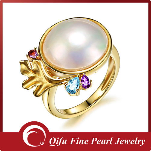 New design pearl jewelry 14k solid gold natural mabe pearl finger ring with crystal