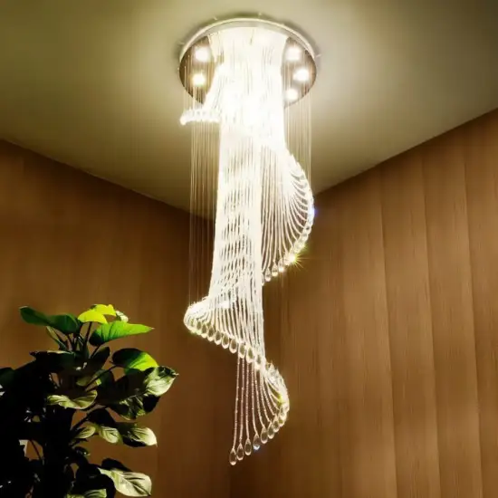 Spiral Crystal Flush Mount Chandelier for Staircase and Entryway - Luxury LED Raindrop Chandeliers