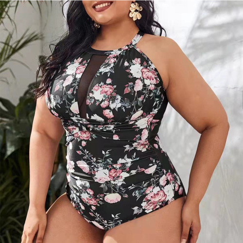 Sexy Printing Beach Swimwear Women One Piece High Neck Mesh Ruched Swimsuit Factory