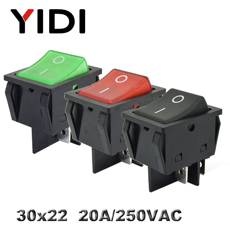 KCD4-201 30x22 30A 250VAC Heavy Duty KCD4 Rocker Switch 20A 250VAC DPST ON OFF latching 12V 220V Red Green Blue LED Illuminated