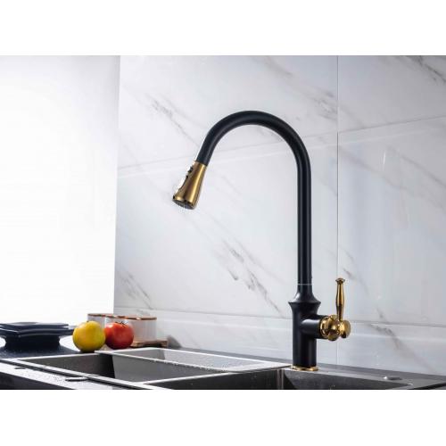 Household Black Gold Pull Down Brass Kitchen Faucet
