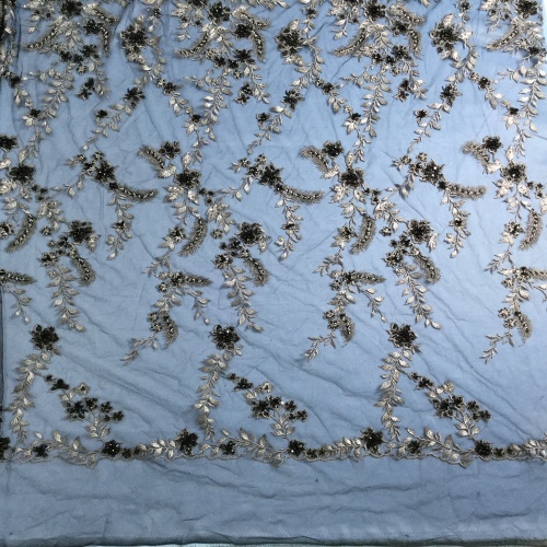 Black Tulle Handmade Beaded Flower Fabric