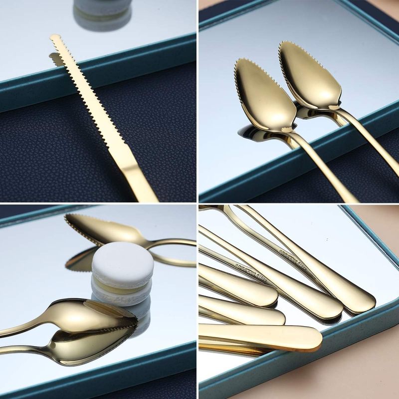 Gold Grapefruit Spoons 5 Pieces Set, 4 Stainless Steel Grapefruit Spoon And 1 Grapefruit knife With Titanium Plating