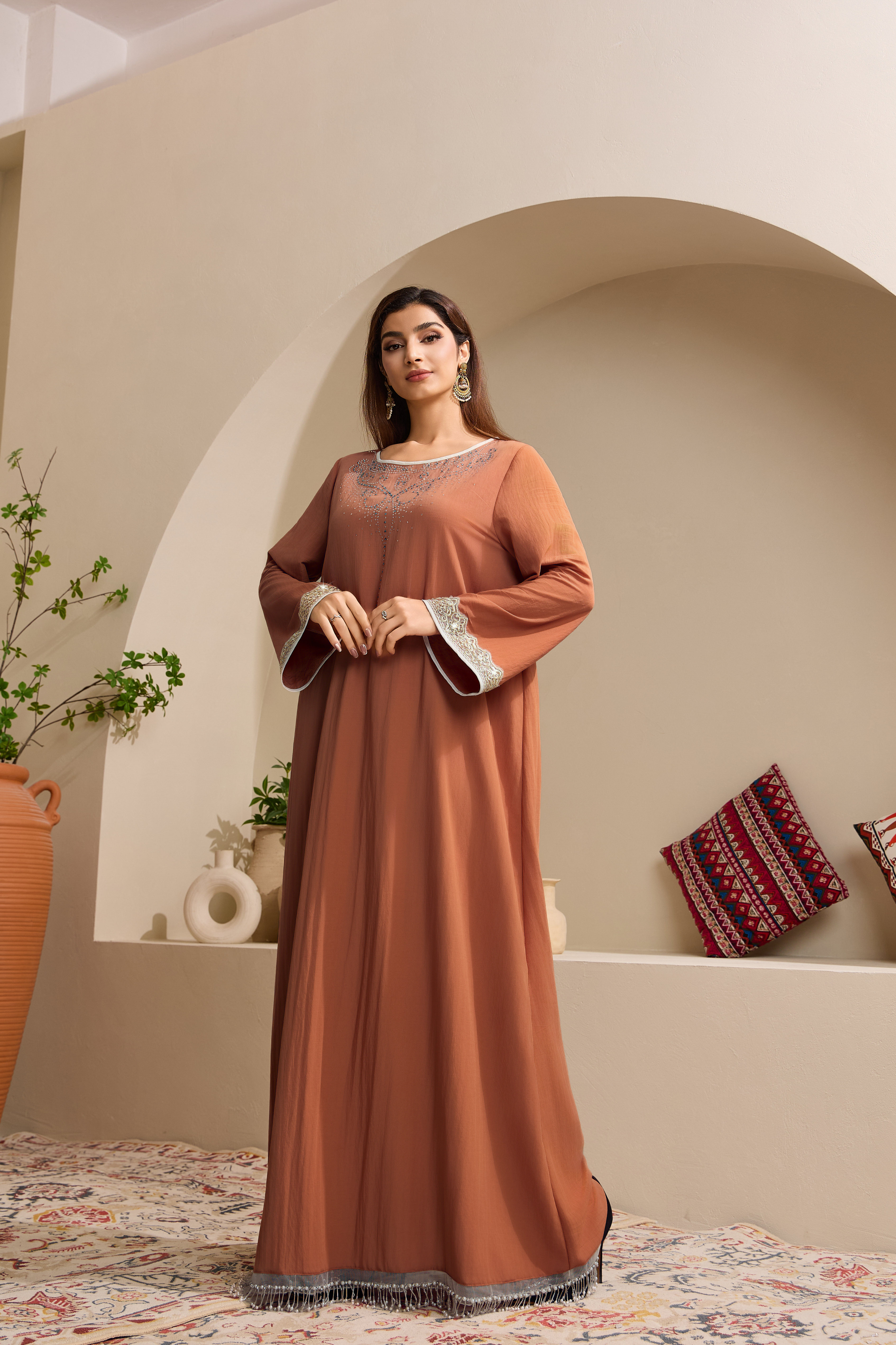terracotta crystal tassel trim abaya model styling view 05