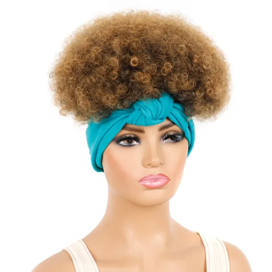 Hot Selling  Honey Blonde Fluffy Afro Short Kinky Curly Turban Wigs With Headband Attached For Black Women Synthetic Hair Wigs