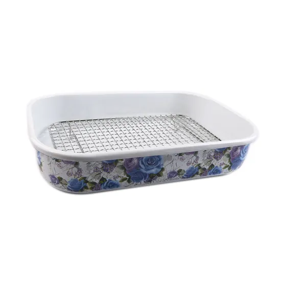 Full Decal Square Enamel Roaster Pan with Rack