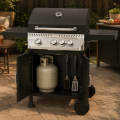 Parrilla de barbacoa de gas propano premium de 4 quemadores con panel de control de acero inoxidable y 3 ganchos para herramientas en estantes laterales