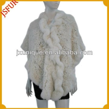 Fashion women's cape lace floral pattern white fur trim shawl for lady with real rabbit fur