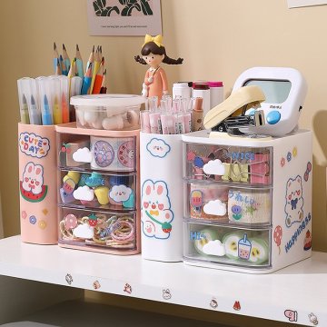 Cute Pen Holder with Multi-Compartment Drawer Storage Box for Student and Office Use