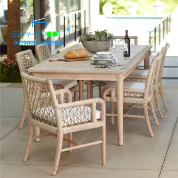 Nordic Modern Teak 6 Seater Outdoor Dining Set with Rope Chairs