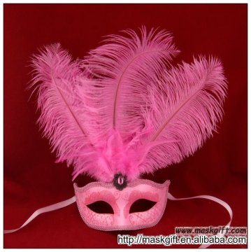 Venetian classic style solid color pink glitter ostrich feathered carnival party masks