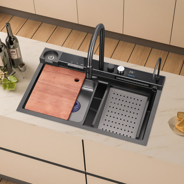 Black Farmhouse Kitchen Sink with Waterfall Faucet