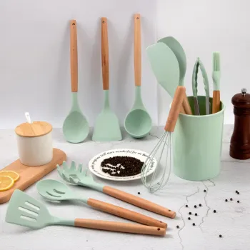 12-Piece Non-Stick Silicone Kitchenware Kit with Wooden Handles