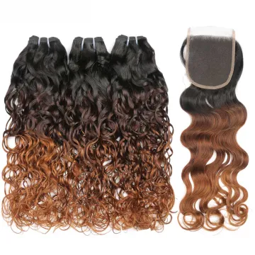 X-TRESS Cheap Human Hair extension Ombre Colored Bundles With Closure water wave brazilian Hair Bundles For Women