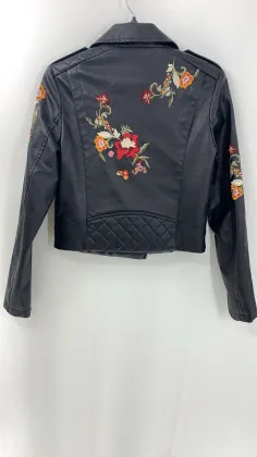 Women's Black Pu Embroidery Jacket