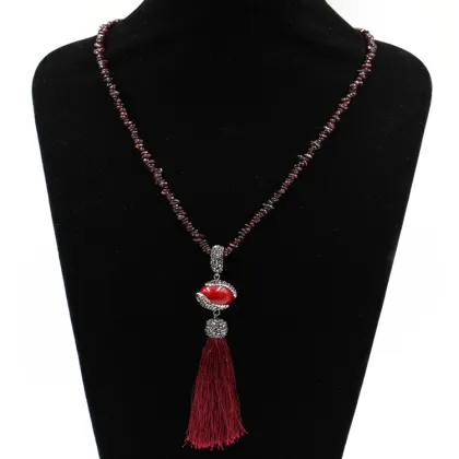 Fashion women accessories red jade stone jewelry tassel pendant necklace wholesale