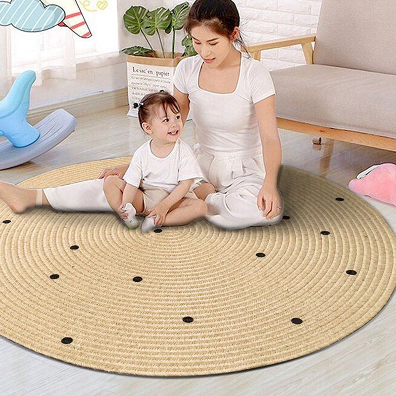 Round Hemp Jute Printed Braided Woven Kids Children Baby Room Carpet Area Rugs Floor Mats