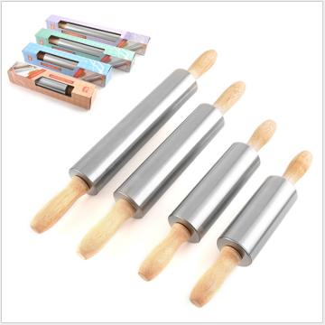 4 Sizes Non-Stick Stainless Steel Rolling Pin with Wooden Handle