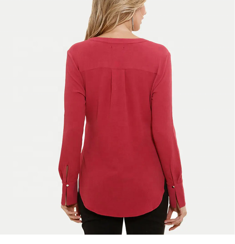 Crepe Chiffon Long Sleeve V-Neck Red Causal shirts