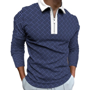 Men's Striped Printed Long Sleeved Polo Shirt - Zipper Casual Slim Fit