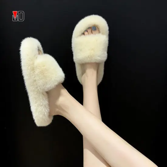 Winter Women House Furry Slippers Fashion Faux Fur Warm Shoes Women Slip on Flats Female Home Slides Black Plush Indoor Outdoor