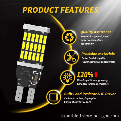 Super Bright 12-24V Car LED T15 W16W 45SMD CANBUS Amber Brake Tail Reverse Light Bulb