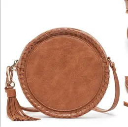 Tassel pendant braided leather round shoulder bag