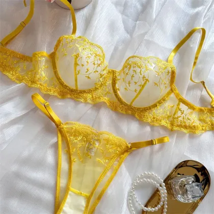 French Sexy Lace Embroidery Bra Thong Underwear Set