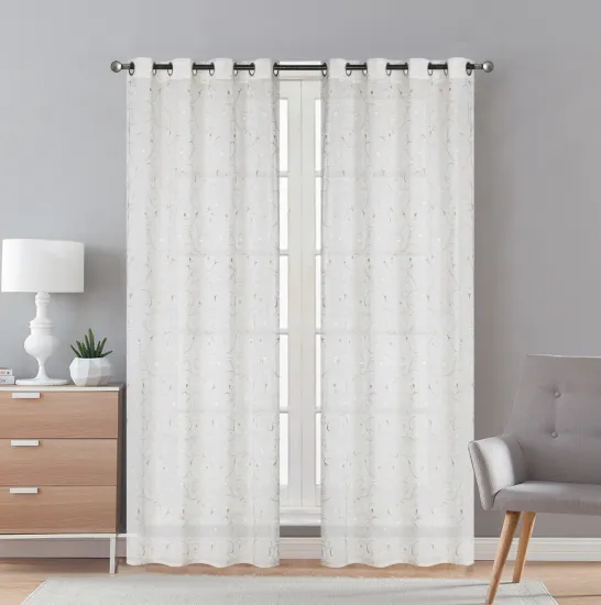 Whole Sell White Faux Linen Textured Sheer Curtains with Embroidery and Grommets