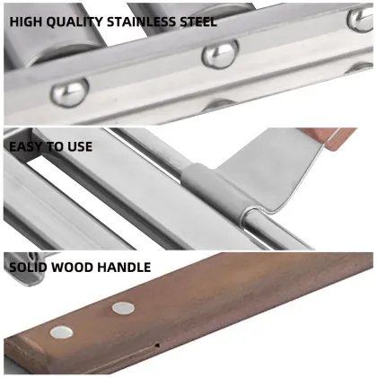 BBQ tool 6 section brat griller Metal Spatula with long wooden handle sausage roller rack stainless steel hot dog grill roller