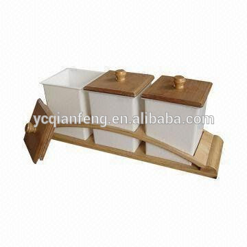 3-Pieces Plastic white canister set with wood lip + wood & metal wired holder.