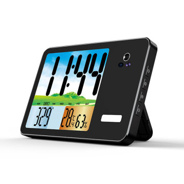 Jam dinding LCD pelbagai fungsi mudah alih dengan termometer, kalendar, penggera, dan monitor denyutan jantung