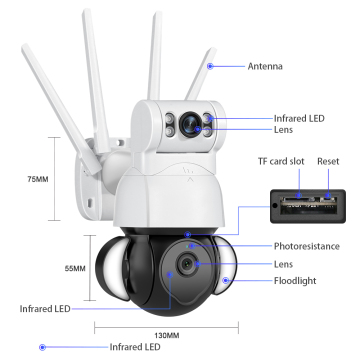 Kamera Lensa Dual dengan WiFi, 12/50 LED, Penjejakan Auto, dan Kamera IP Pengawasan Rumah Rangkaian