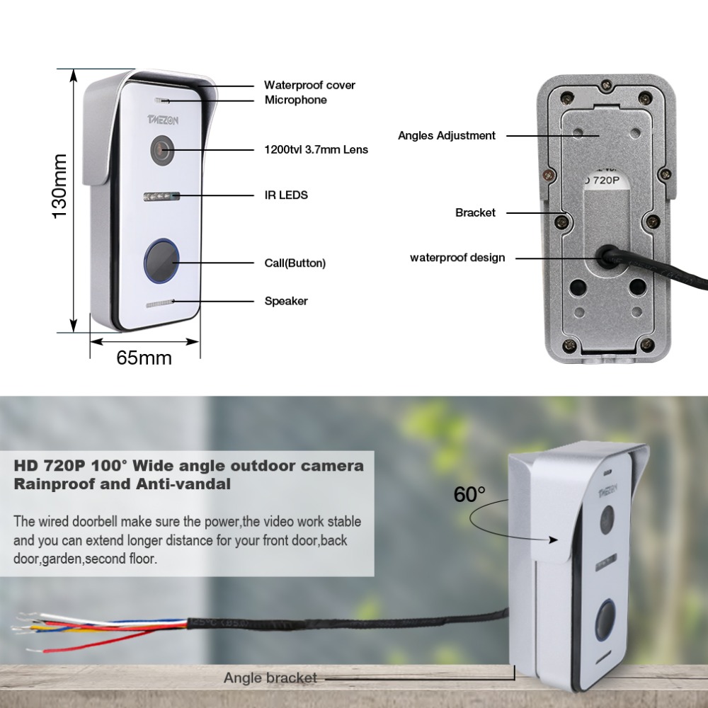 TMEZON 10 Inch Wireless/Wifi Smart IP Video Doorbell Intercom System ,1xTouch Screen Monitor with 2x720P Wired Door Phone Camera