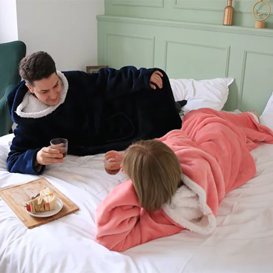 Microfiber Plush Fleece Sherpa Blanket With Sleeves Super Soft Warm Outdoor Pocket Hoodie Adult Winter Hooded TV Blankets