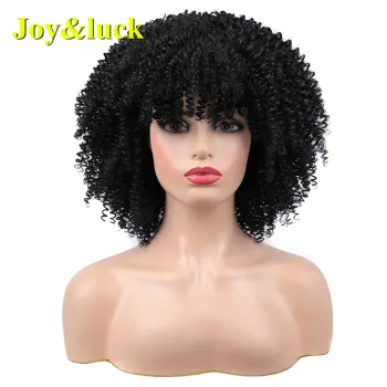 Wholesale Prices Wig for Ladies With Bangs Afro Kinky Curly Daily Wear Short  Natural Black Color Synthetic Black Women Full Wig