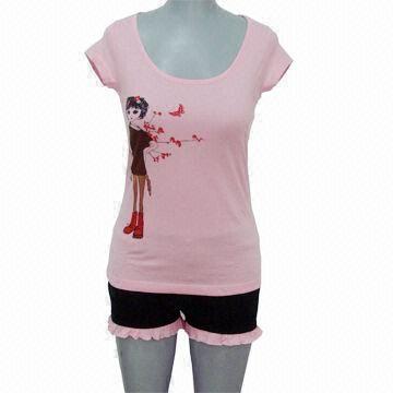 140g Women's Pyjama, 100% Cotton, Fashionable, Lovely Print on Short Pants with Frill
