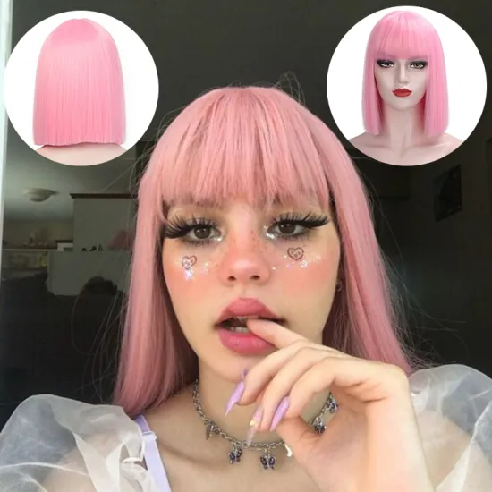 Vigorous women wholesale cheap cosplay pink color short straight high quality bob cut synthetic hair wig with bangs