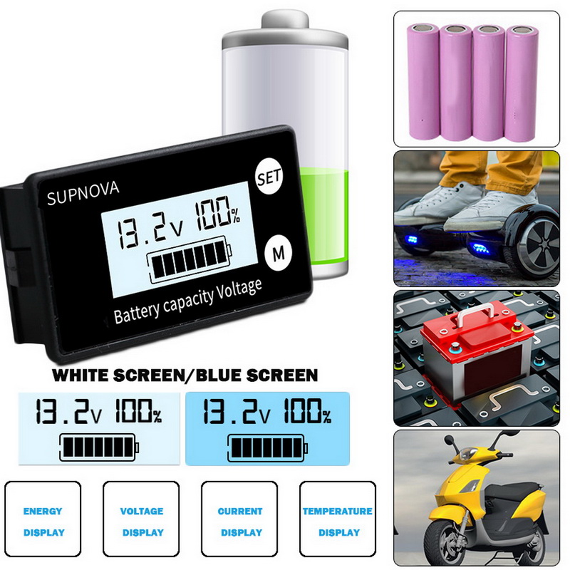 LCD Battery Capacity Monitor Indicator Voltage Meter Lead Acid Lithium LiFePO4 Car Motorcycle Voltmeter Voltage Gauge DC 8V-100V